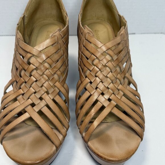 Chocolat Blu Woven Peep-Toe Wedge Sandals Women's Size 8.5 Tan Cork Platform Hee - Picture 4 of 9